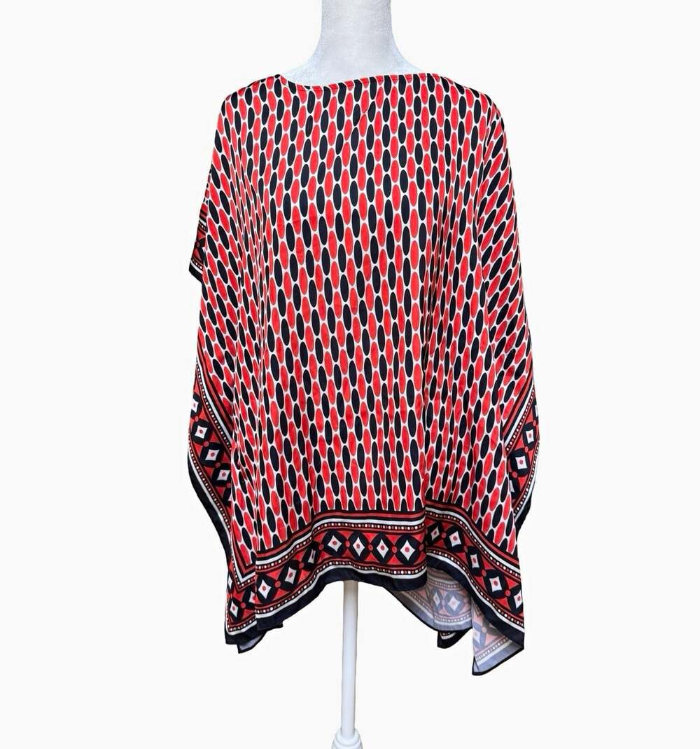 Michael Kors Geometric Poncho Blouse L/XL Orange Black White Woven Polyester
